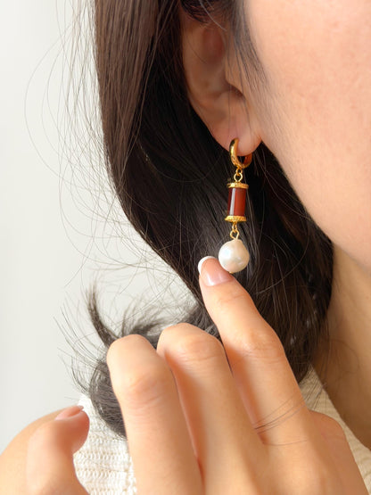 Additional view of red enamel 18k gold plated drop earrings by Le Jardin Perles