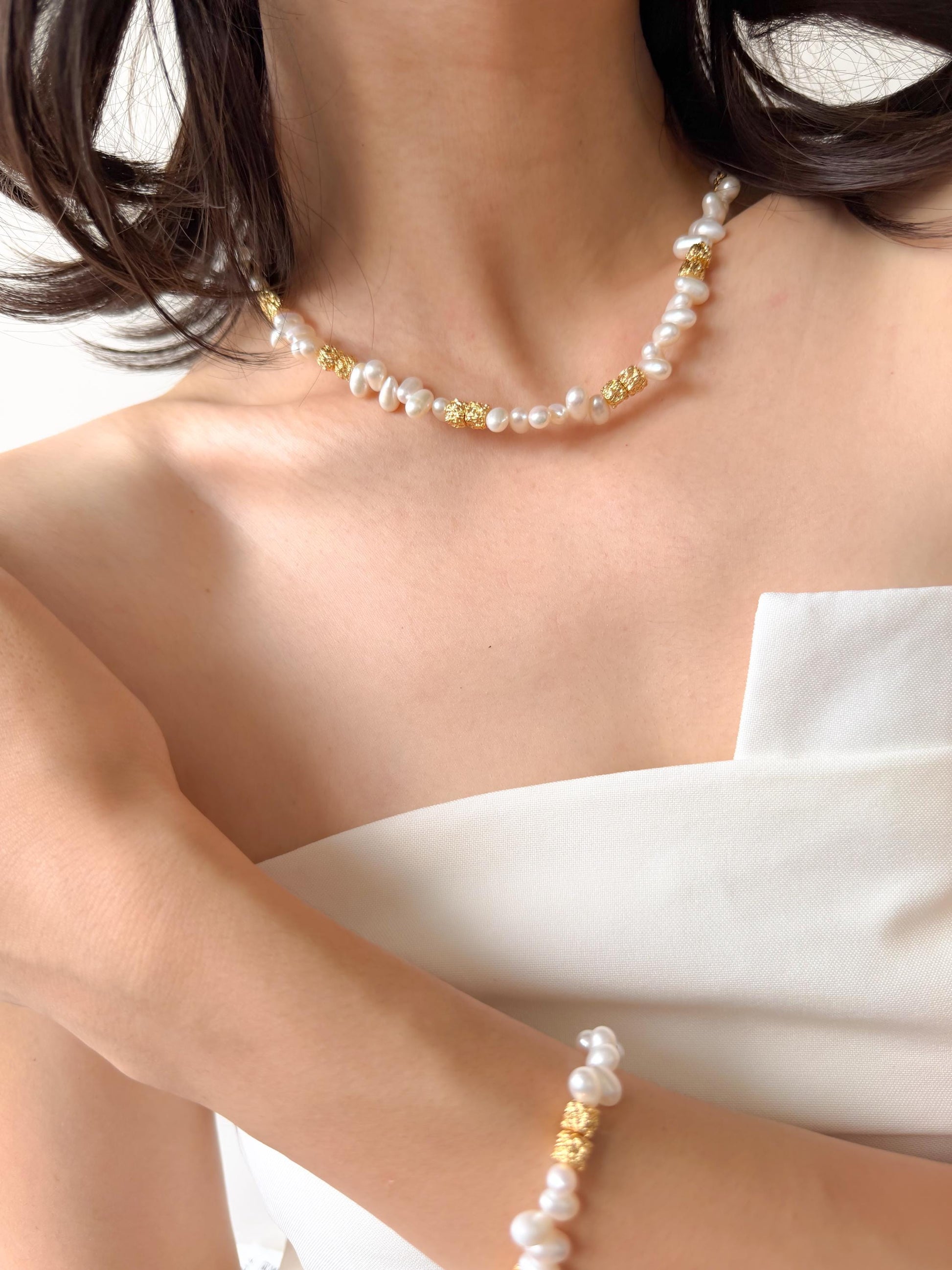 Additional view of aurora like luster pearl necklace by Le Jardin Perles