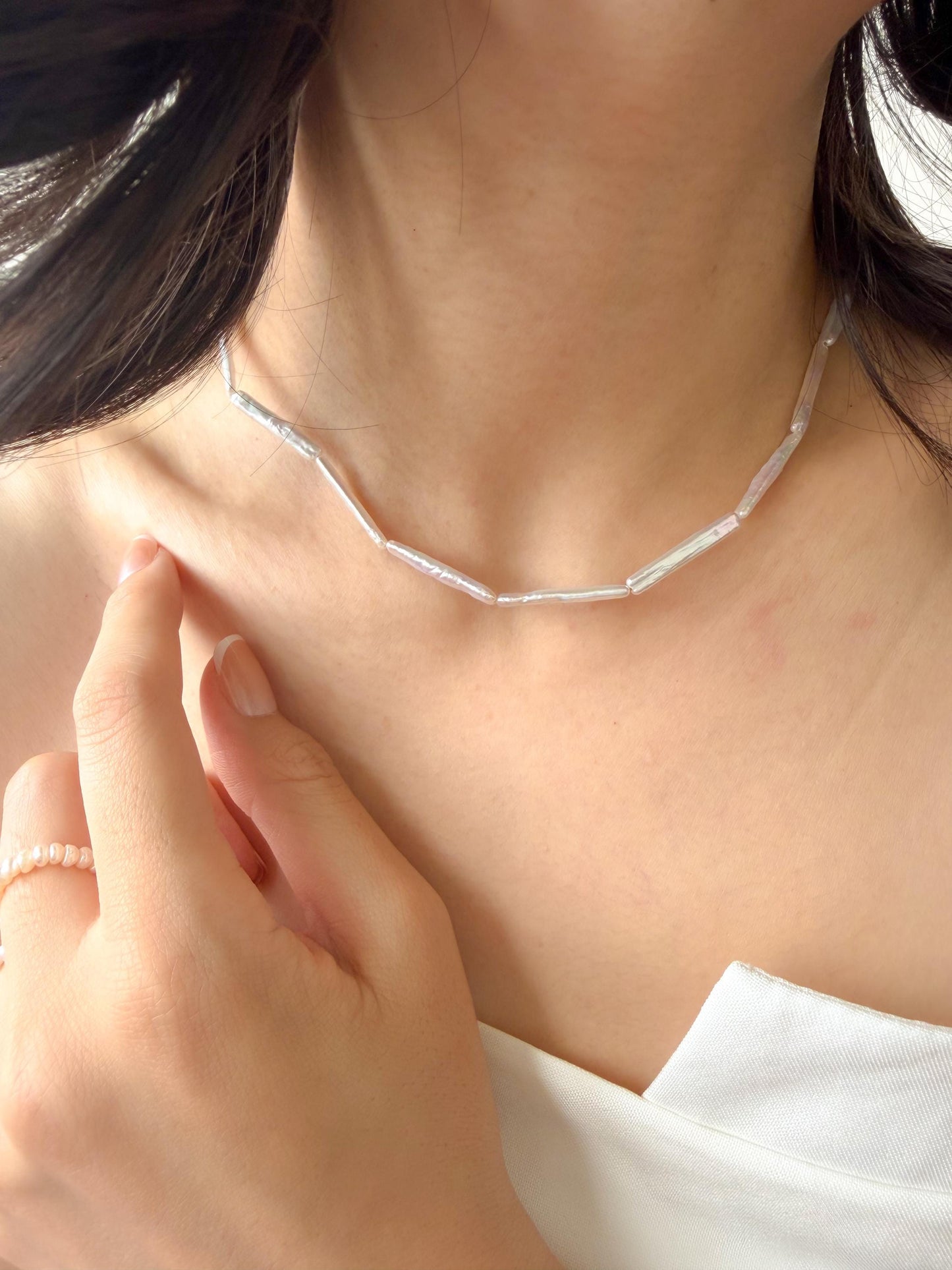Additional view of modern stick keshi pearl necklace by Le Jardin Perles