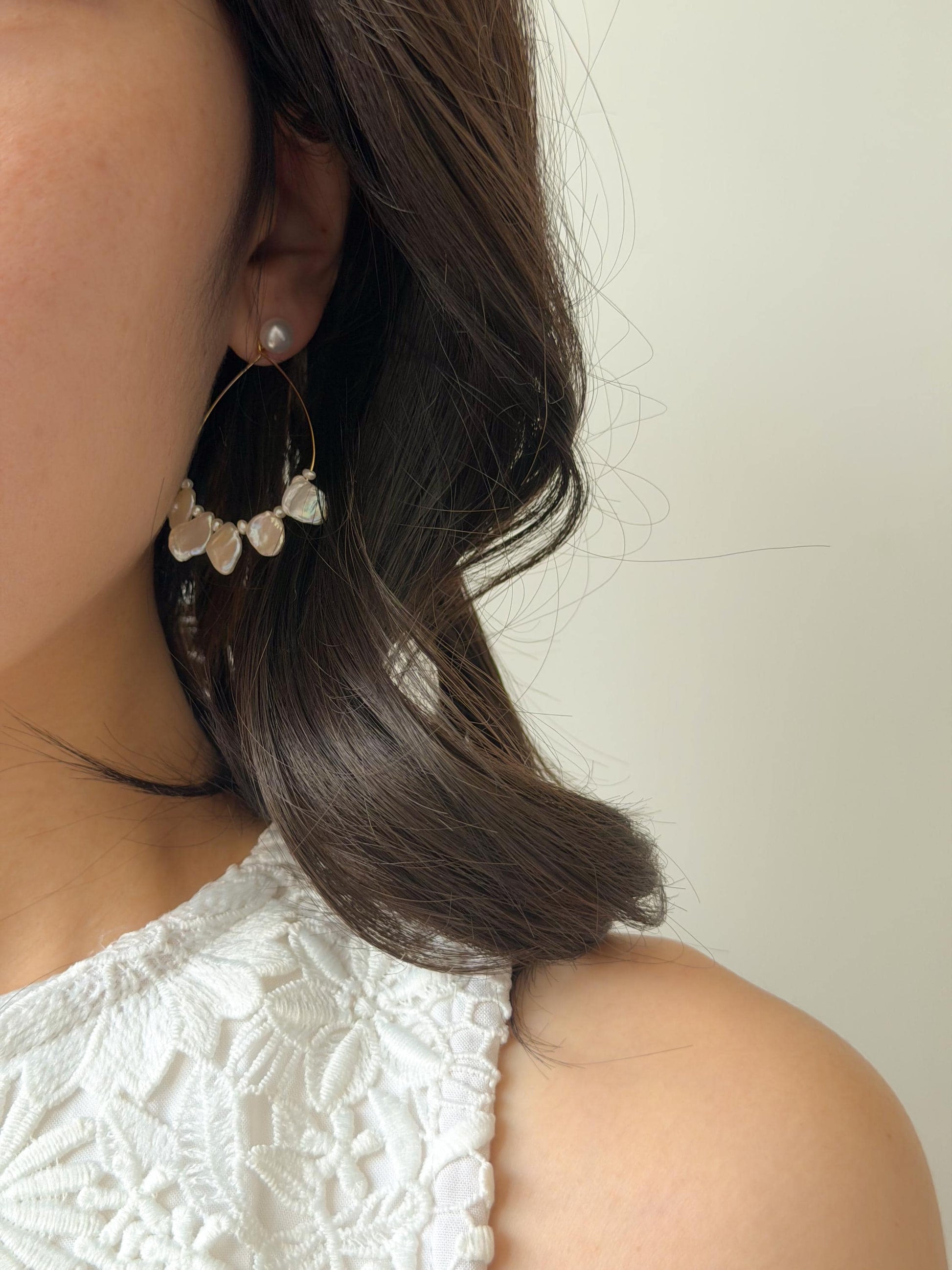 Additional view of statement baroque keshi pearl hoop beach earrings by Le Jardin Perles