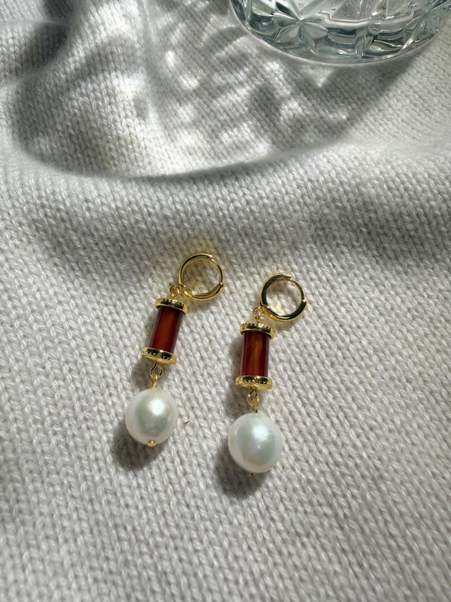 Additional view of red enamel 18k gold plated drop earrings by Le Jardin Perles