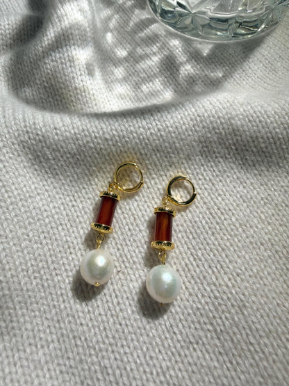 Additional view of red enamel 18k gold plated drop earrings by Le Jardin Perles