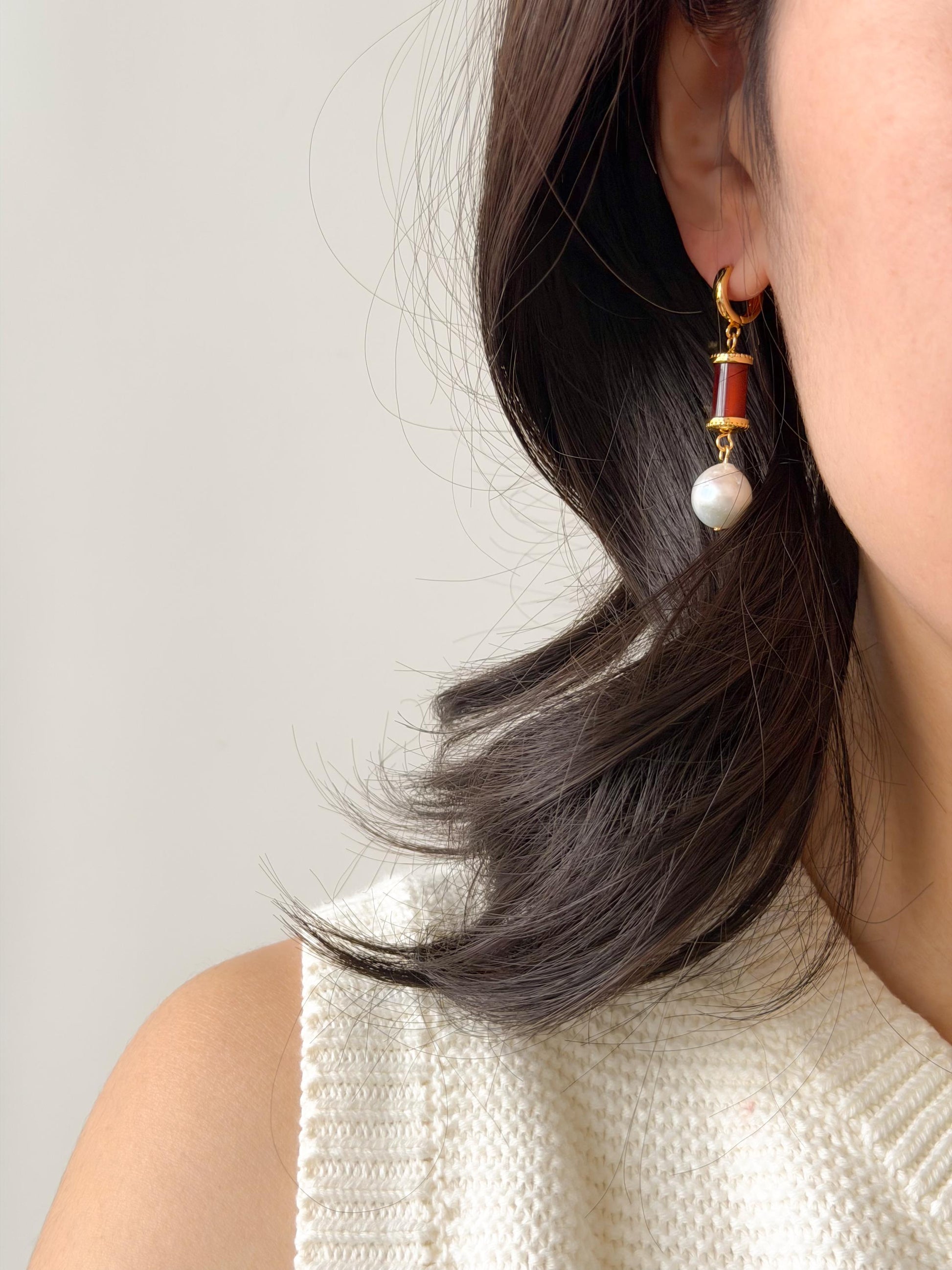 Additional view of red enamel 18k gold plated drop earrings by Le Jardin Perles