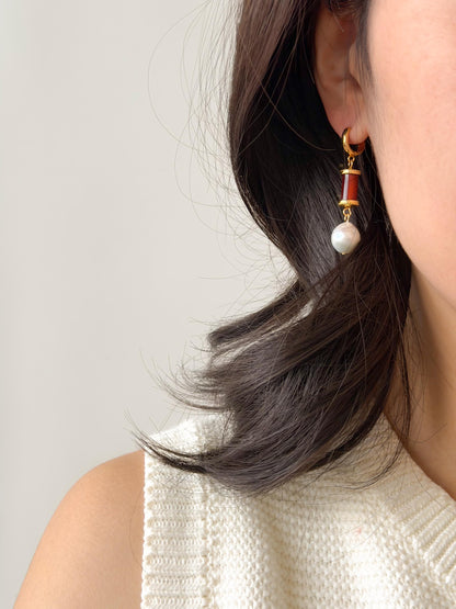 Additional view of red enamel 18k gold plated drop earrings by Le Jardin Perles