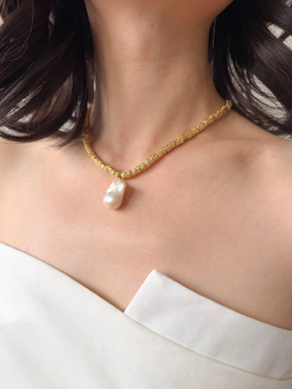 Additional view of textured 18k gold plated baroque pearl pendant necklace by Le Jardin Perles