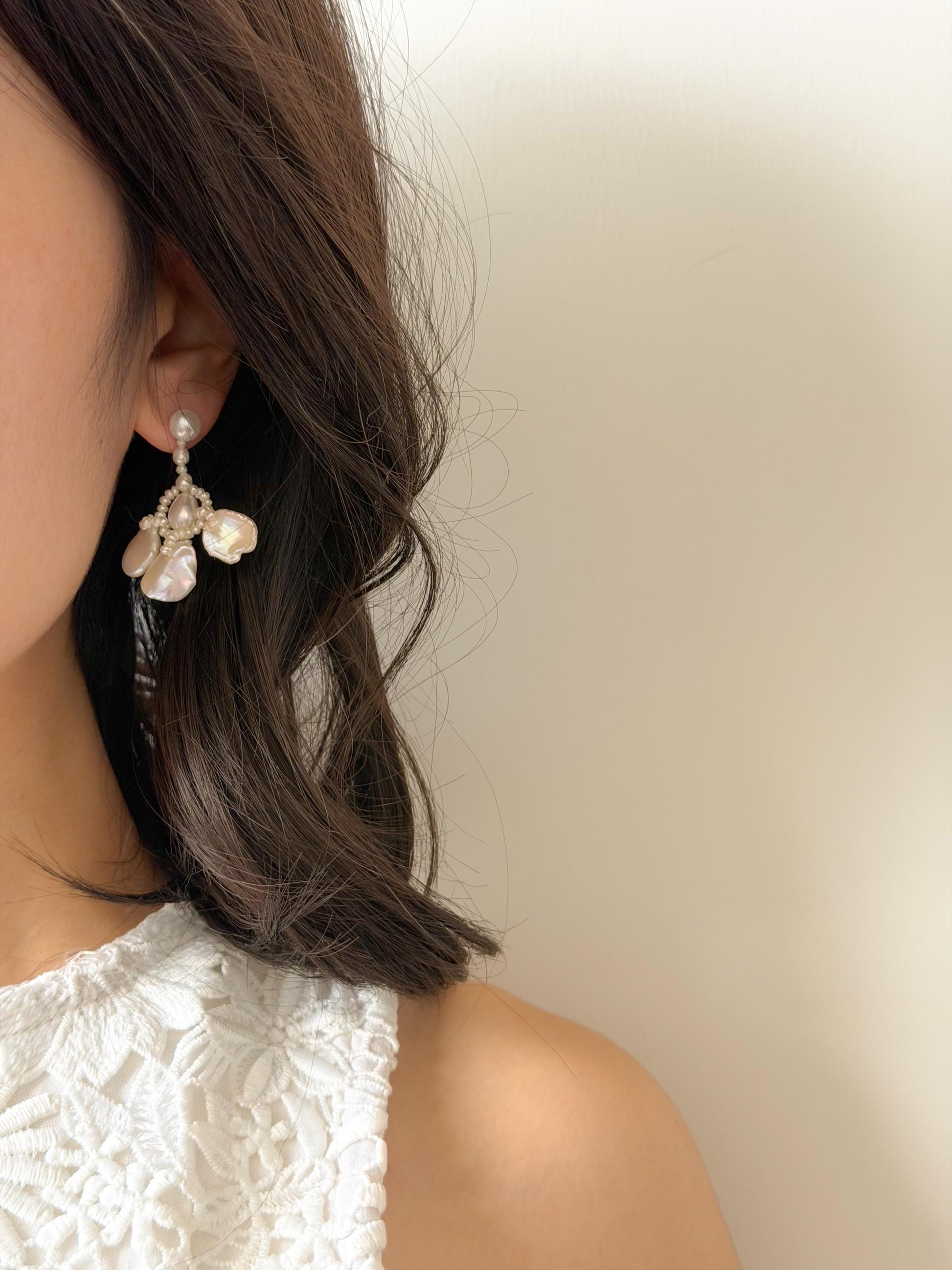 Additional view of baroque keshi pearl cluster earrings by Le Jardin Perles