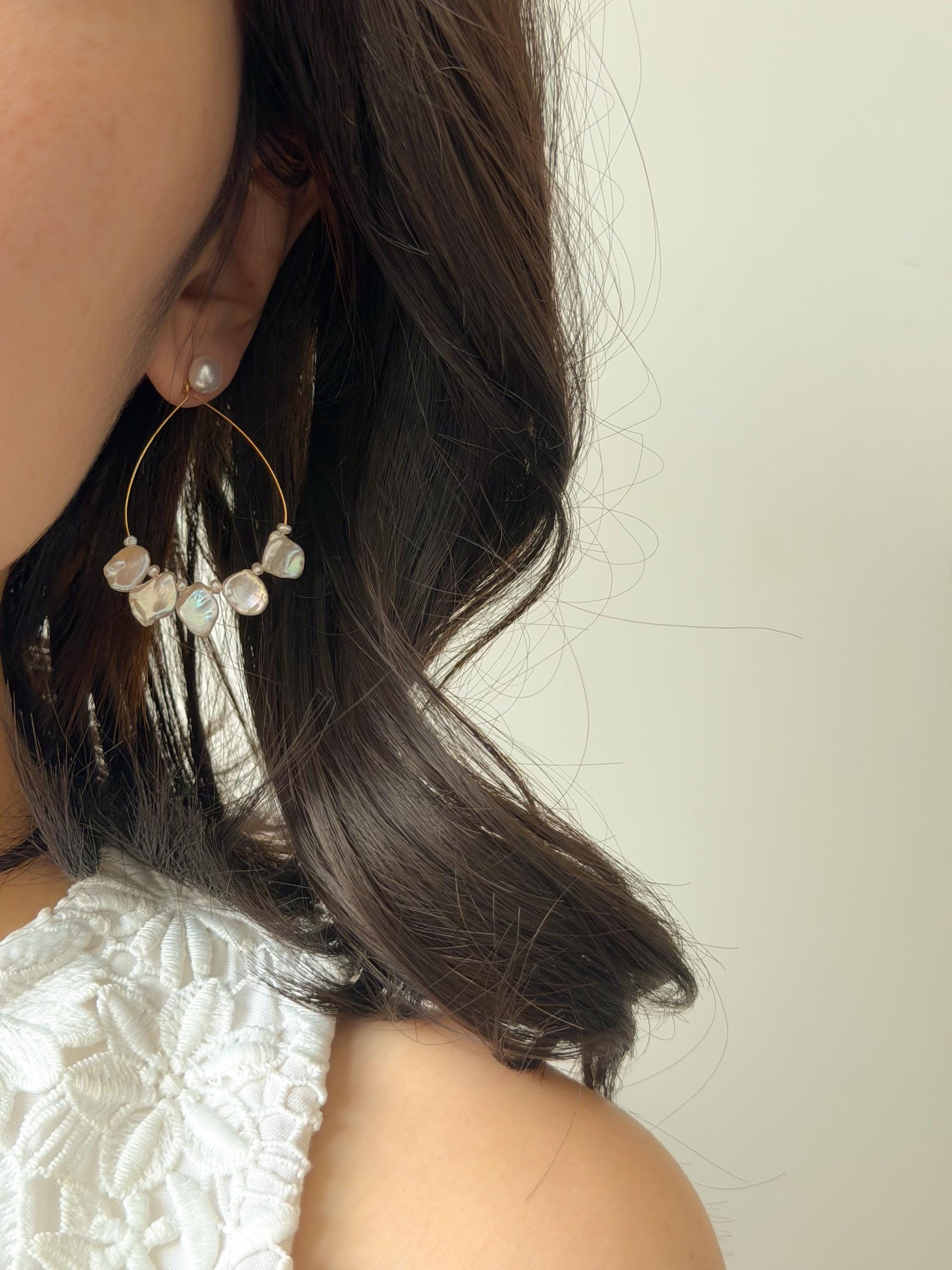 Additional view of statement baroque keshi pearl hoop beach earrings by Le Jardin Perles