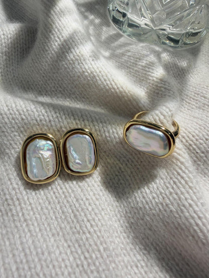 Additional view of 18k gold plated keshi pearl stud earrings by Le Jardin Perles