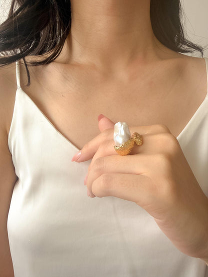 Additional view of sculptural baroque pearl statement ring by Le Jardin Perles