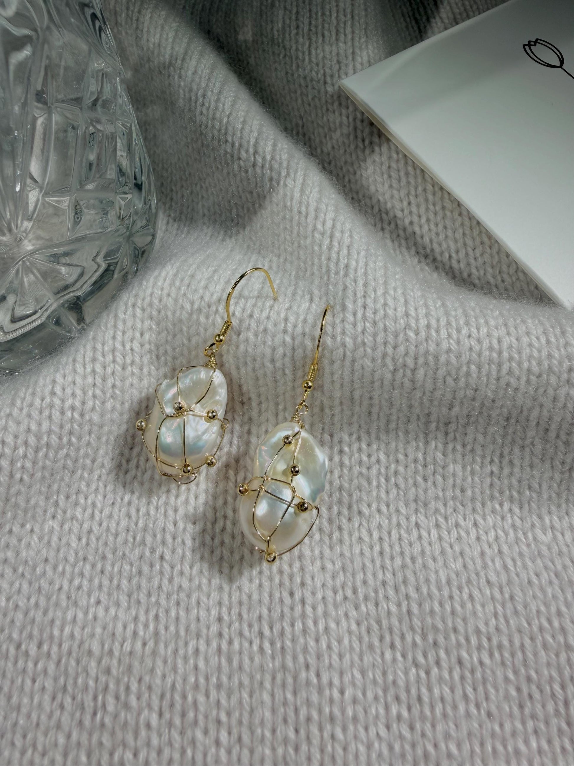 Wire Wrapped Baroque Pearl Drop Earrings by Le Jardin Perles