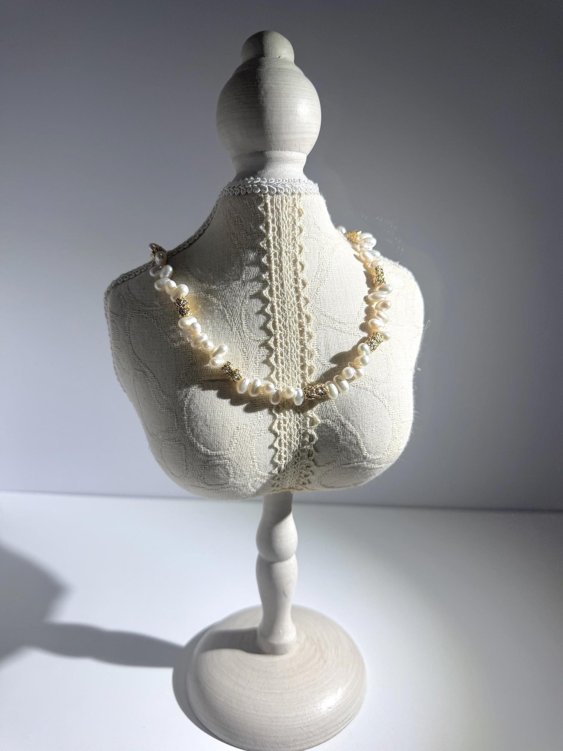 Additional view of aurora like luster pearl necklace by Le Jardin Perles