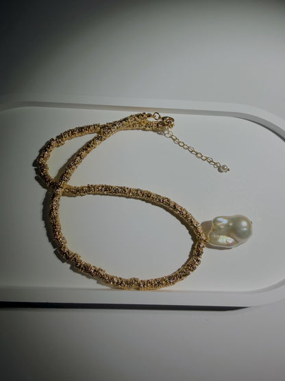 Additional view of textured 18k gold plated baroque pearl pendant necklace by Le Jardin Perles