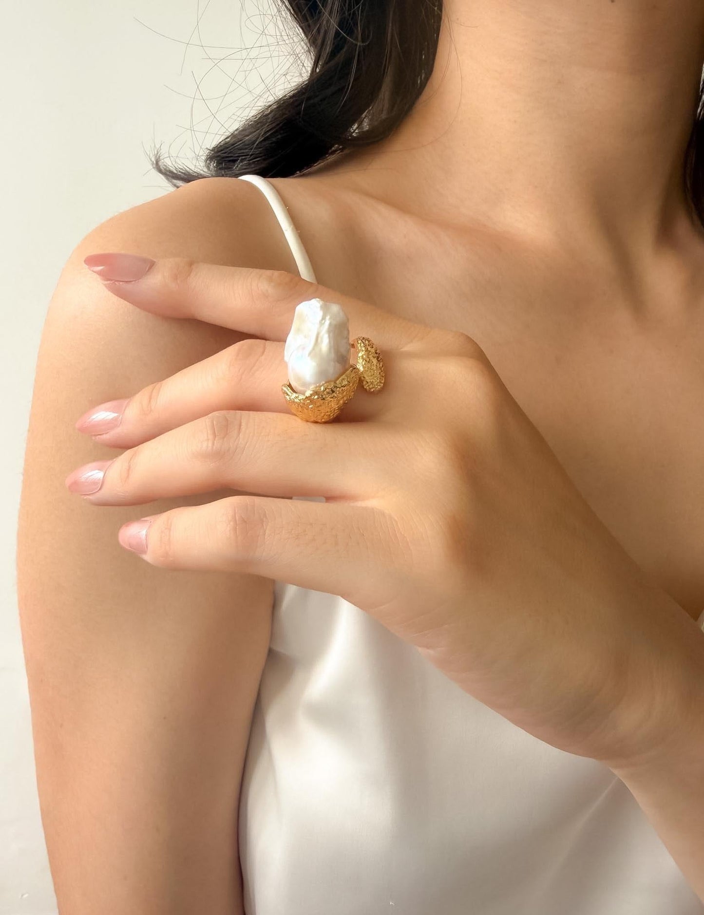 Additional view of sculptural baroque pearl statement ring by Le Jardin Perles
