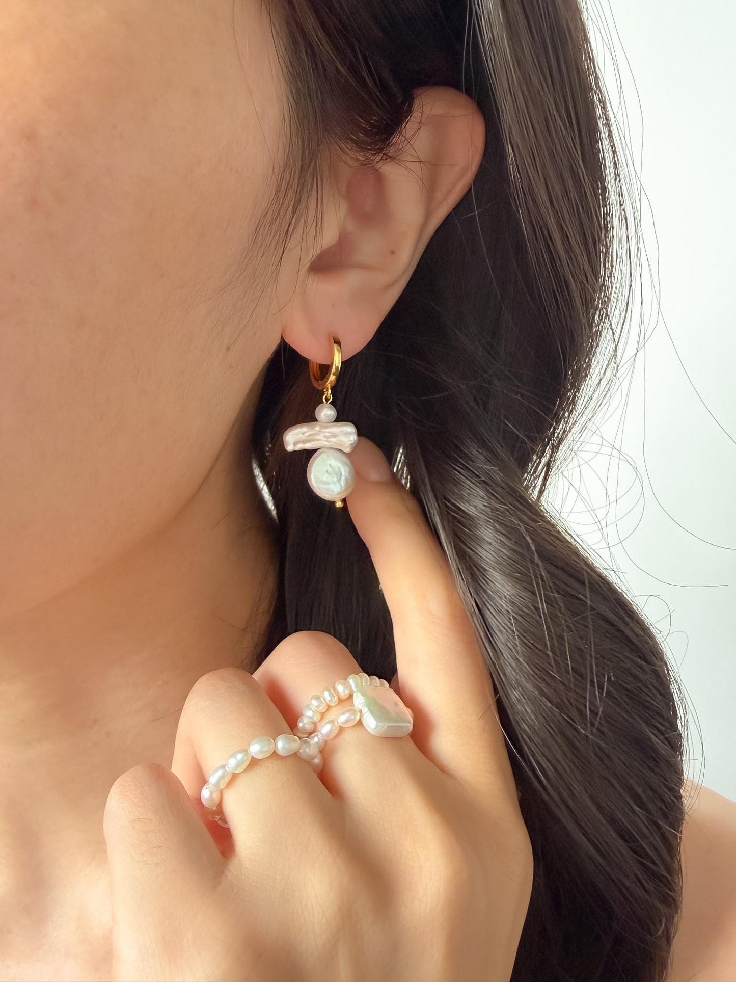 Additional view of baroque freshwater pearl drop earrings by Le Jardin Perles