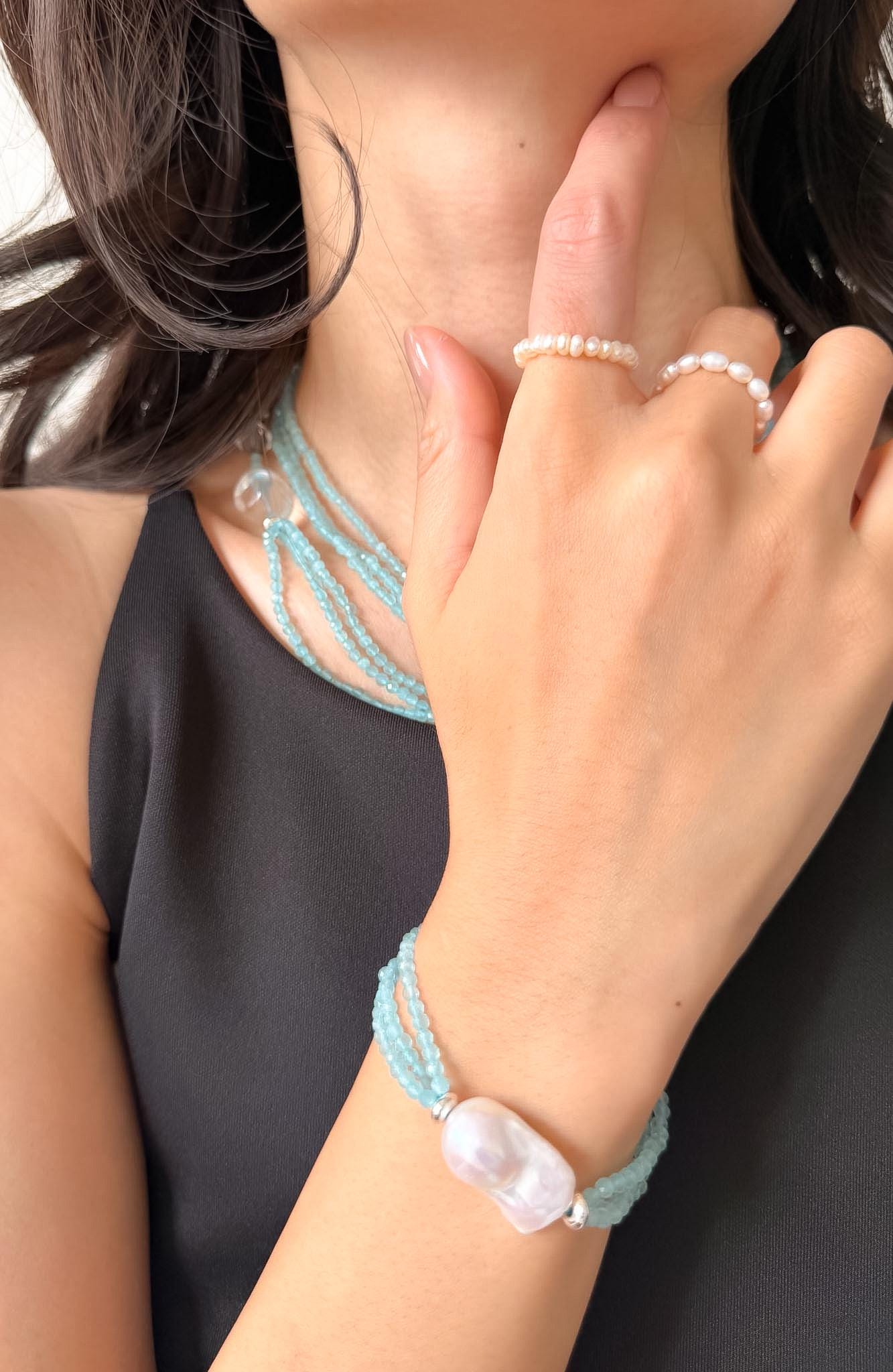 Additional view of layered blue cat eye bracelet by Le Jardin Perles