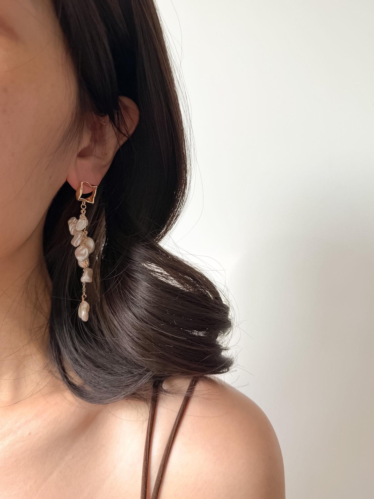 Additional view of asymmetrical baroque keshi pearl tassel earrings by Le Jardin Perles