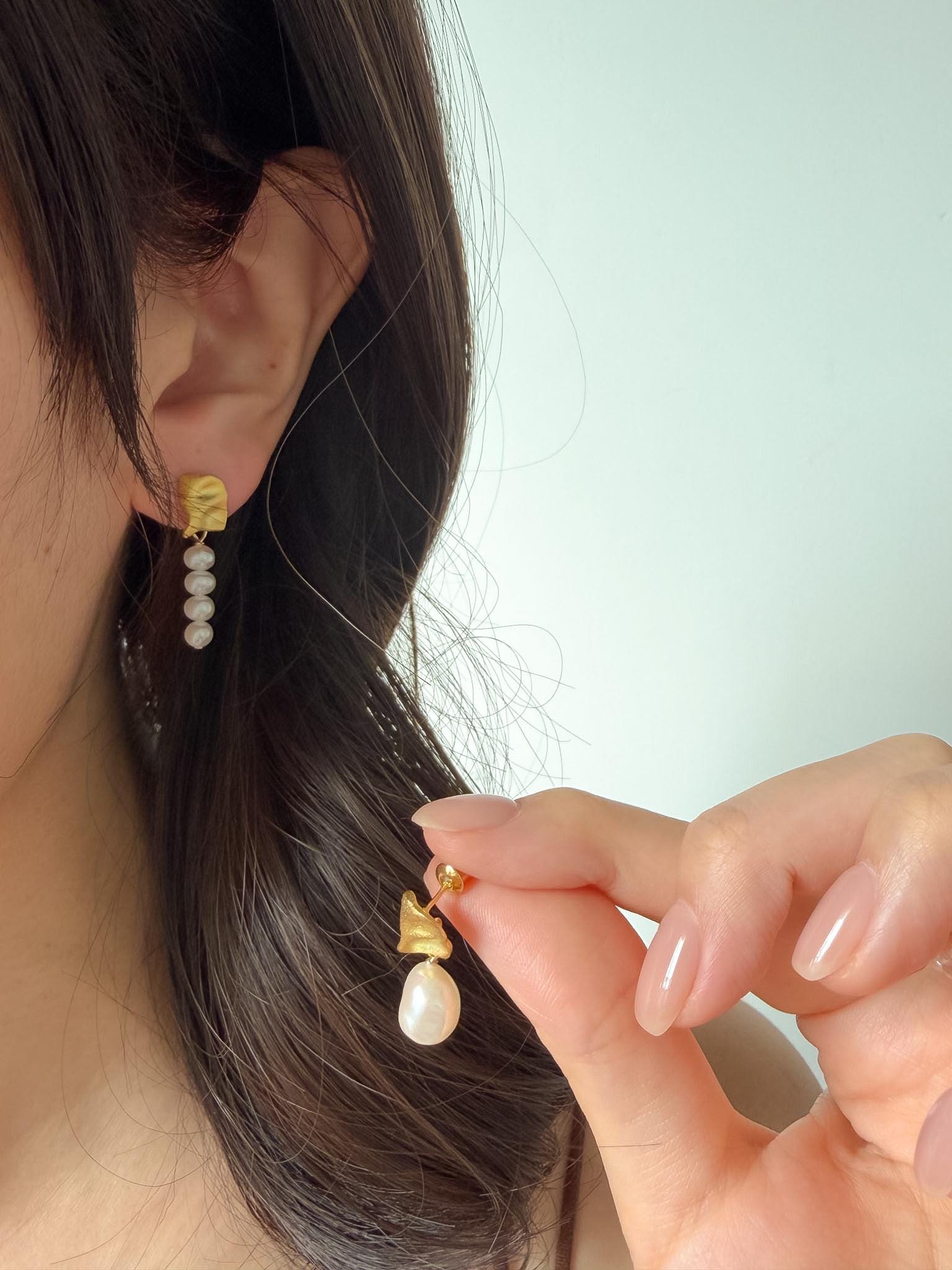 Additional view of asymmetrical baroque pearl drop earrings by Le Jardin Perles