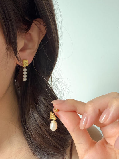 Additional view of asymmetrical baroque pearl drop earrings by Le Jardin Perles