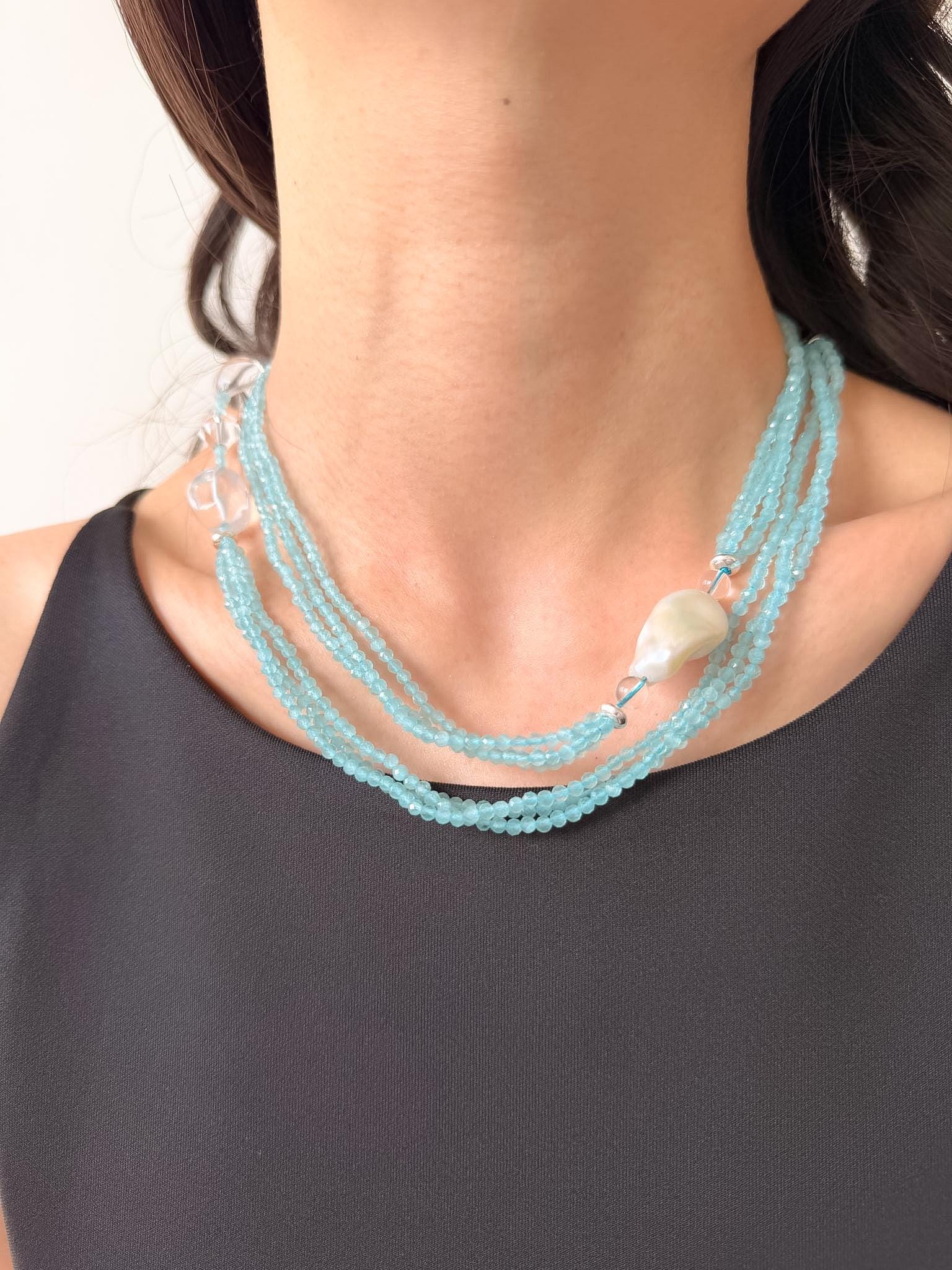 Additional view of layered blue cat eye necklace by Le Jardin Perles