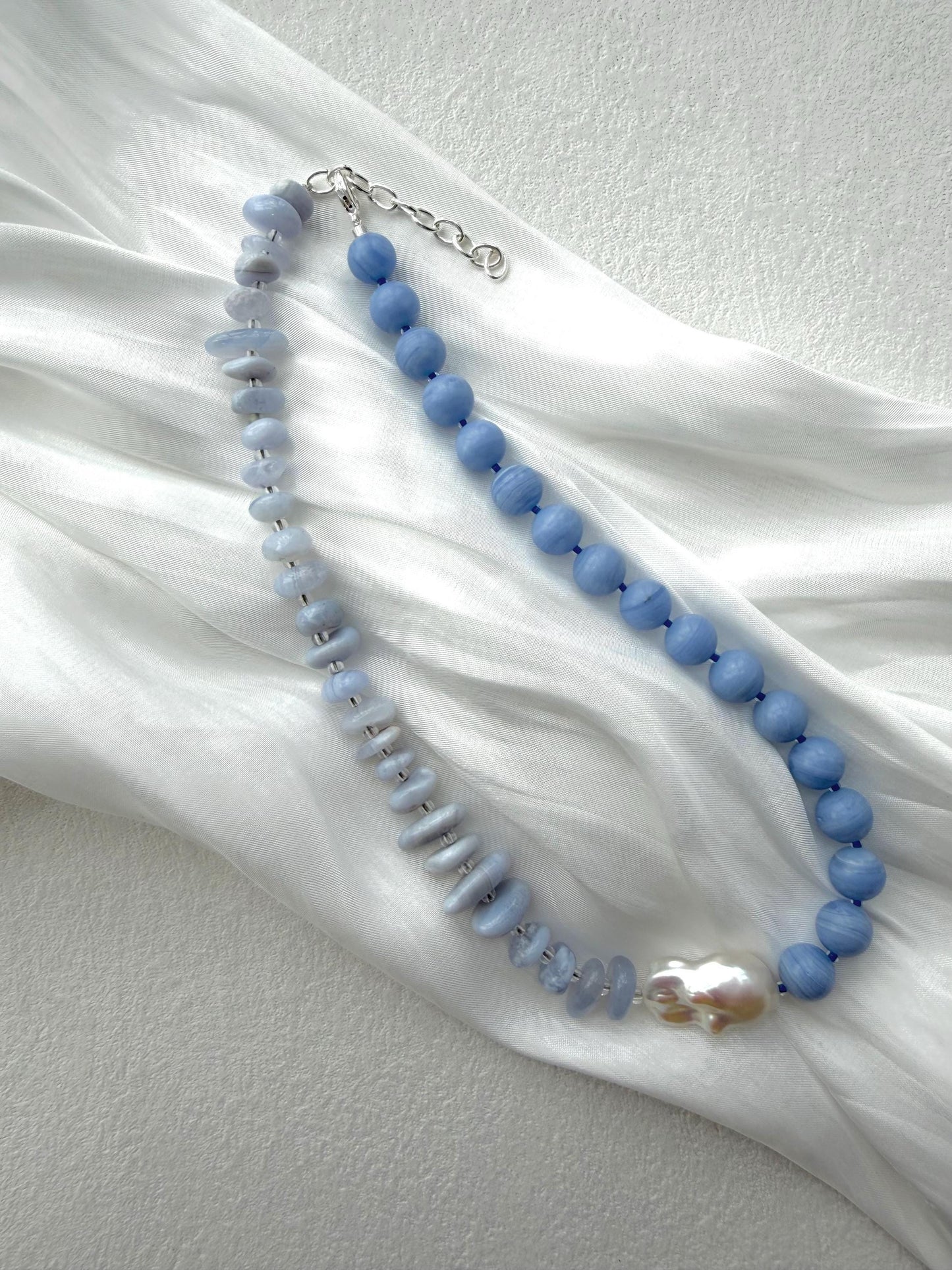 Additional view of blue lace agate baroque pearl necklace by Le Jardin Perles