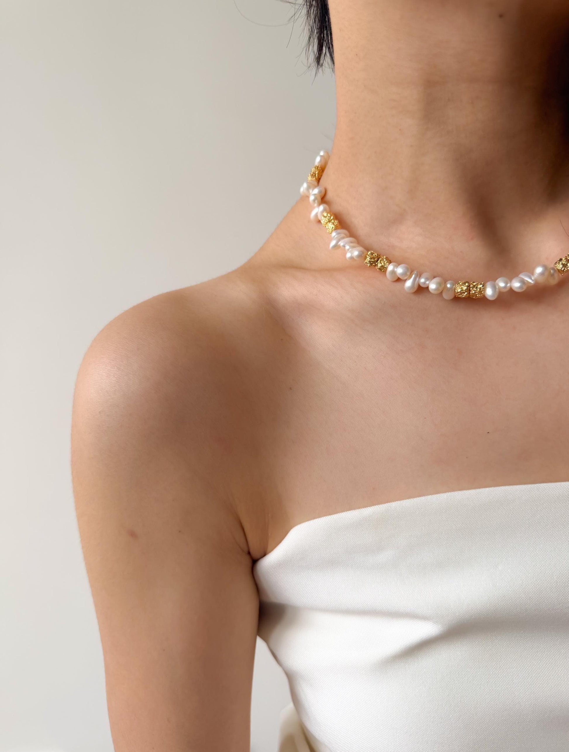 Additional view of aurora like luster pearl necklace by Le Jardin Perles
