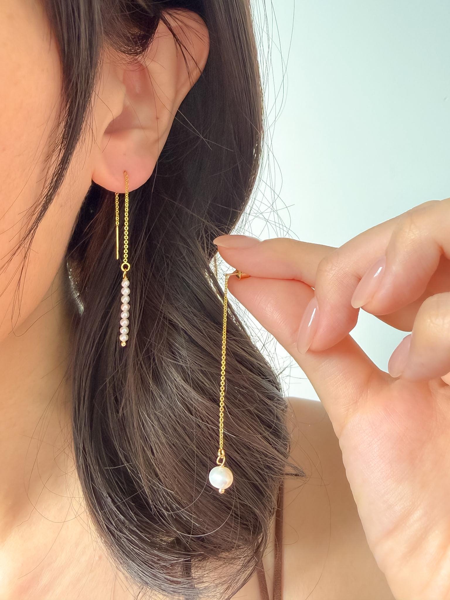 Asymmetrical Freshwater Pearl Threader Earrings by Le Jardin Perles