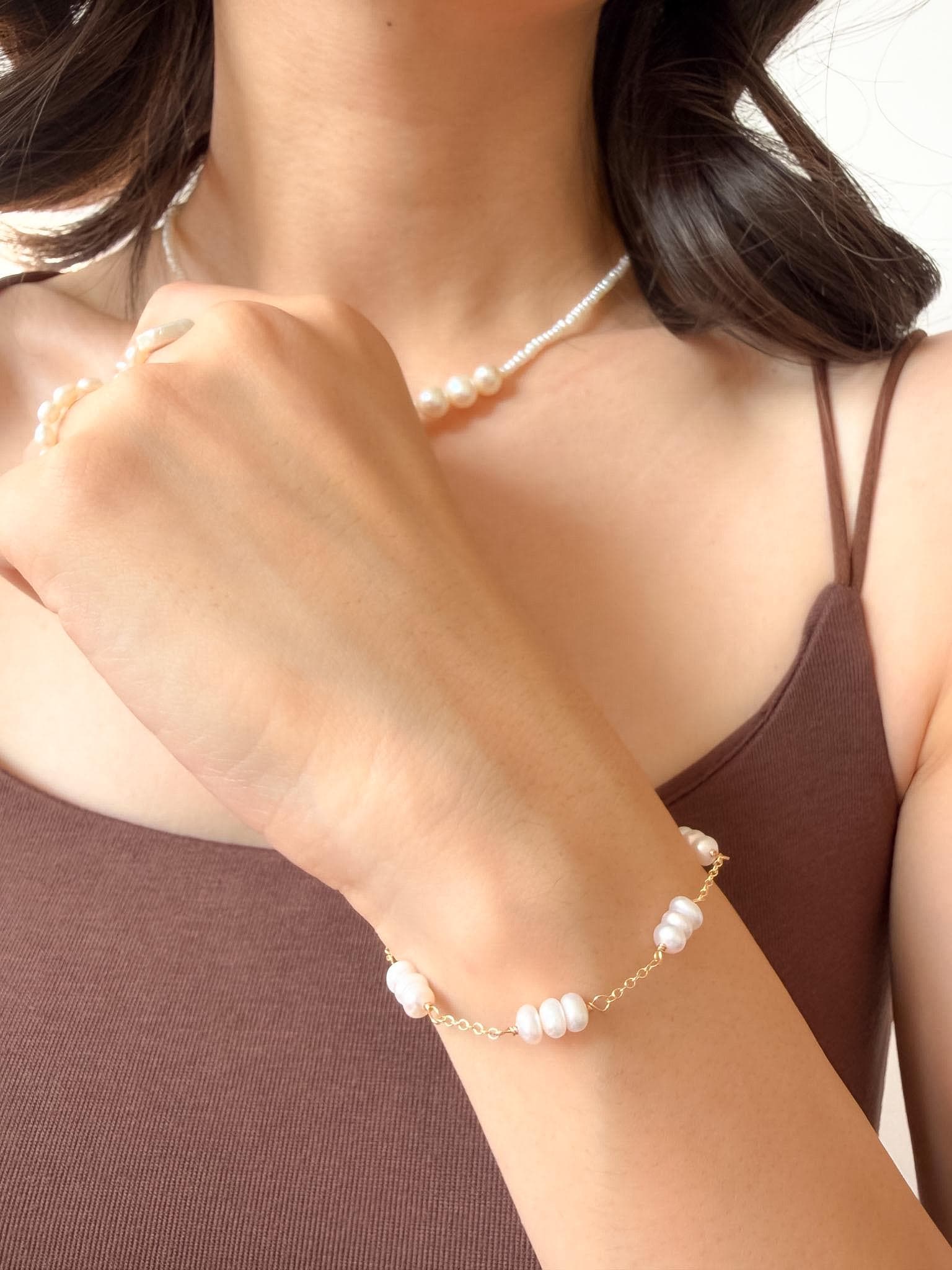 Additional view of baroque petite fleur pearl flower bracelet by Le Jardin Perles