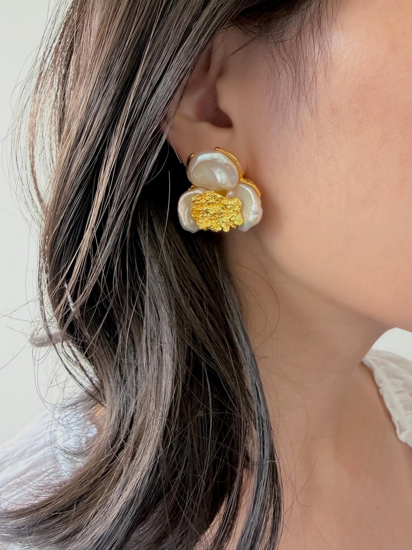 18k Gold Plated Flower Pearl Statement Earrings by Le Jardin Perles