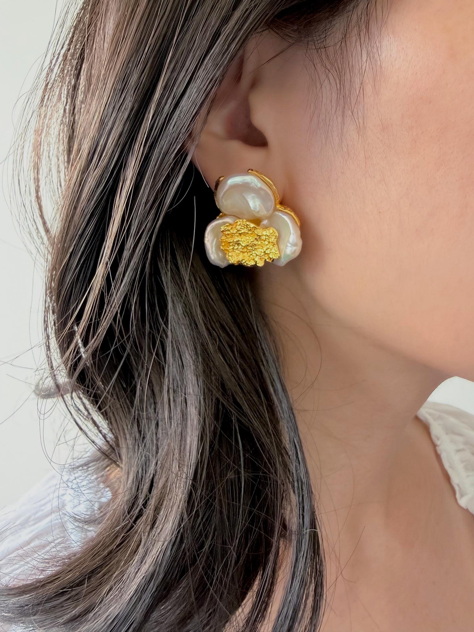 18k Gold Plated Flower Pearl Statement Earrings by Le Jardin Perles