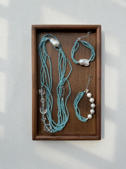 Additional view of layered blue cat eye bracelet by Le Jardin Perles