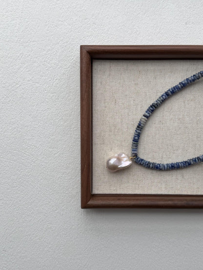 Additional view of ocean blue stone baroque pearl pendant necklace by Le Jardin Perles