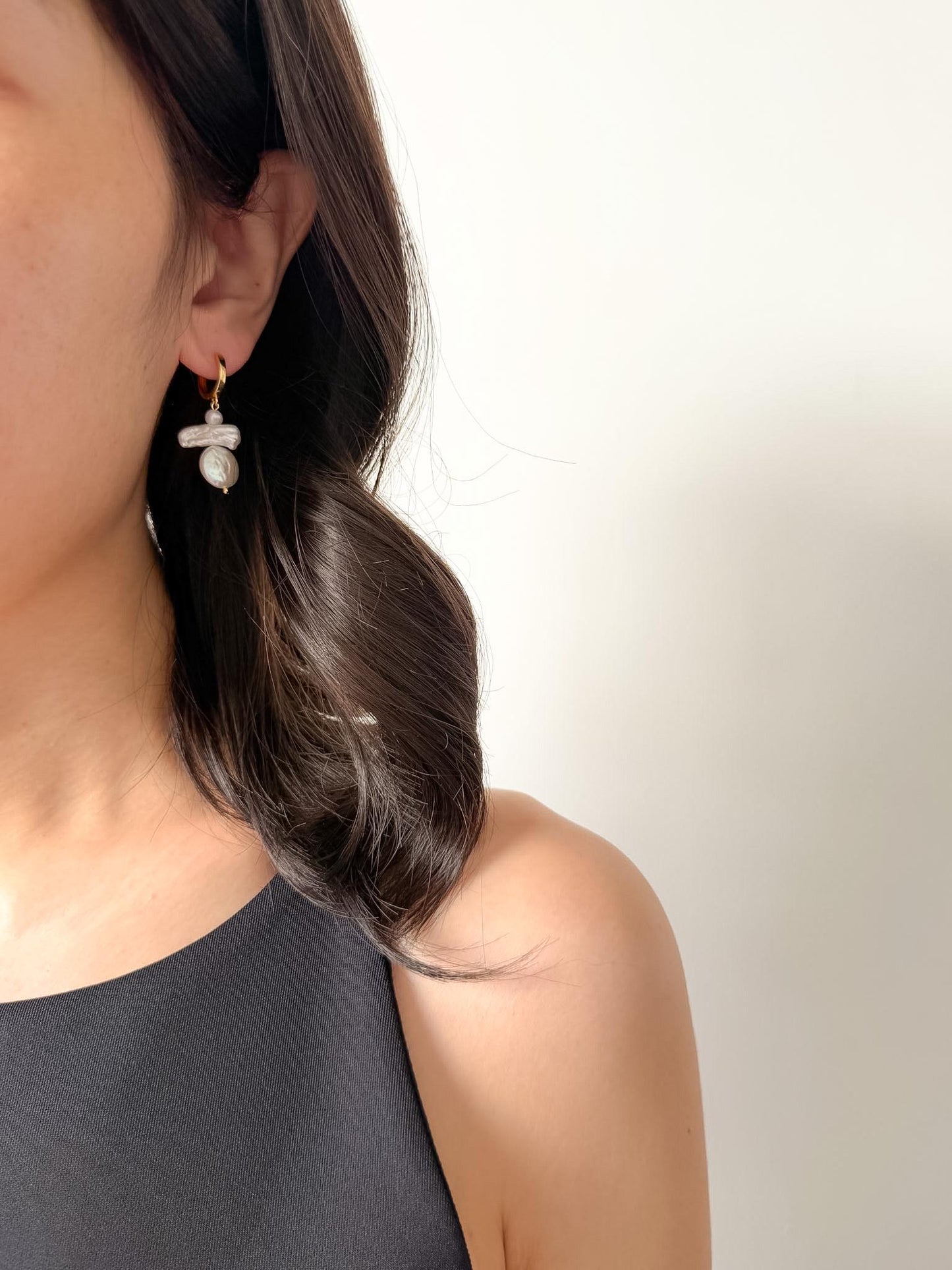 Additional view of baroque freshwater pearl drop earrings by Le Jardin Perles