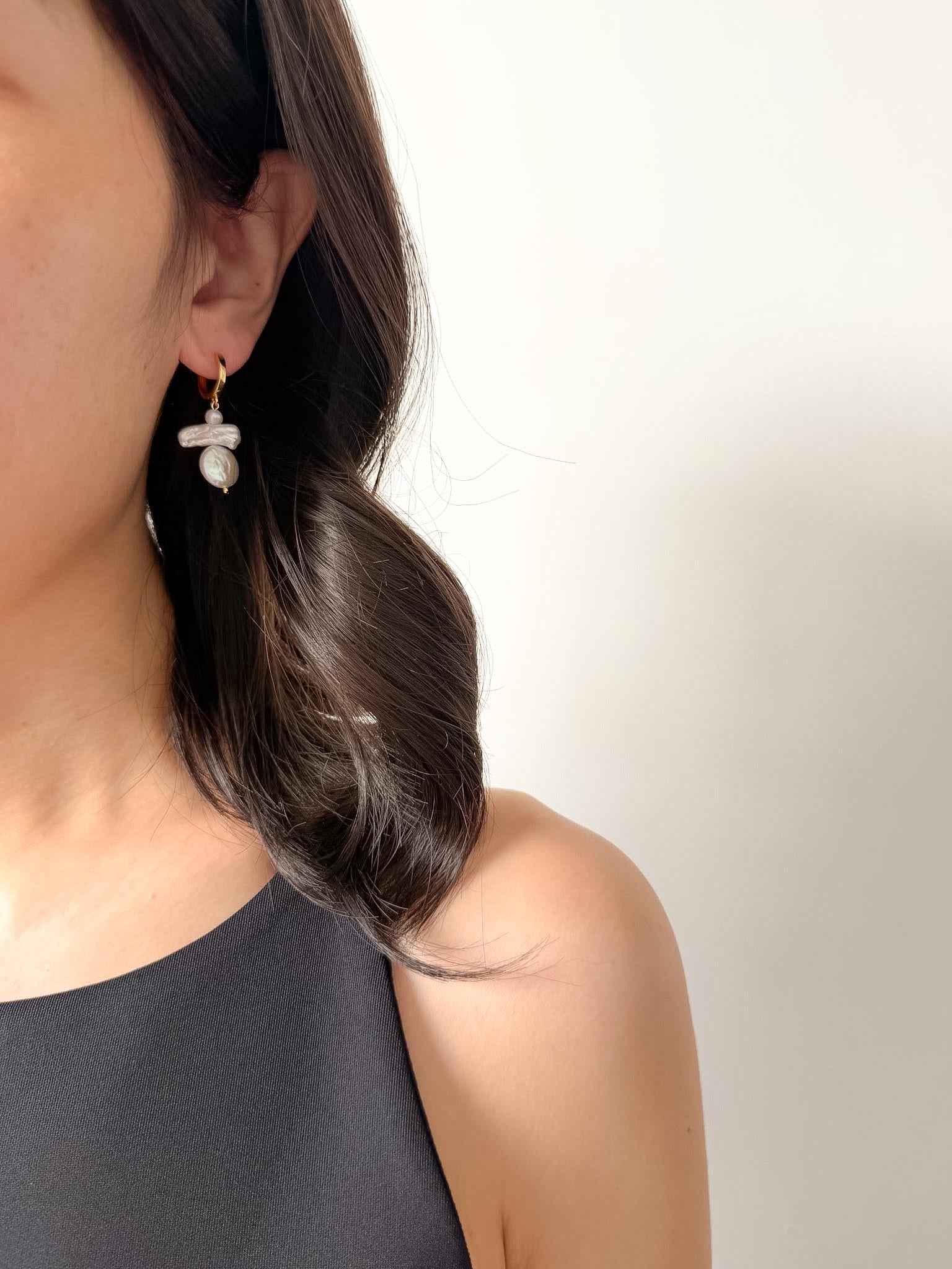 Additional view of baroque freshwater pearl drop earrings by Le Jardin Perles