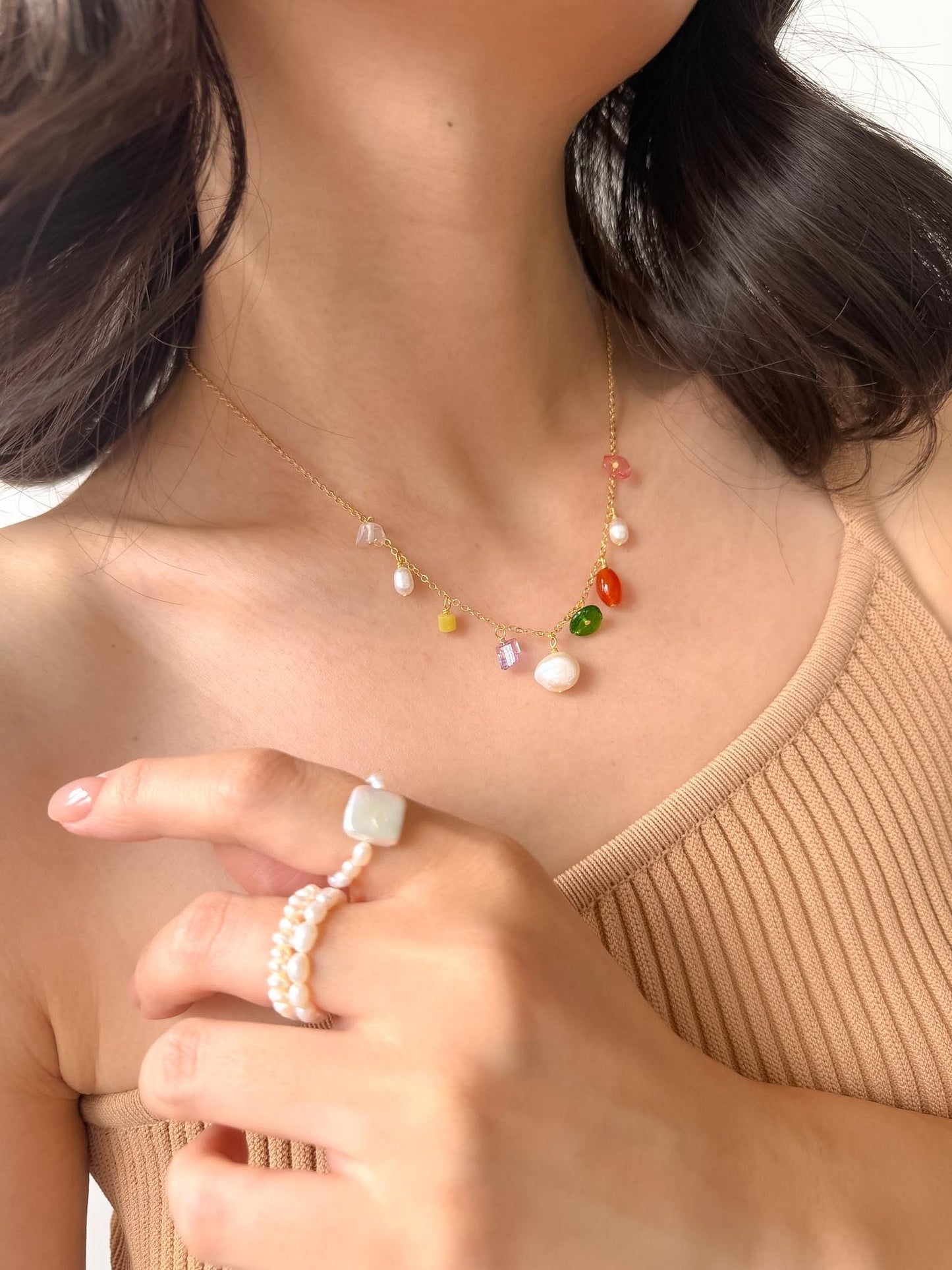 Additional view of summer beach fresh minimalist gold chain jewelry freshwater by Le Jardin Perles