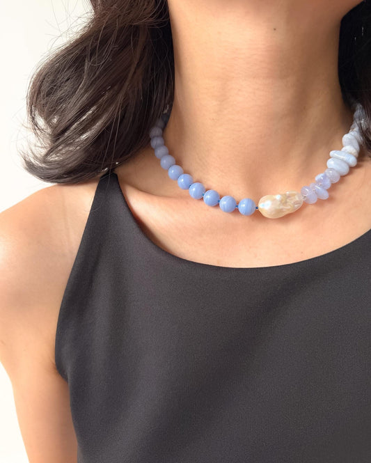 Blue Lace Agate Baroque Pearl Necklace by Le Jardin Perles