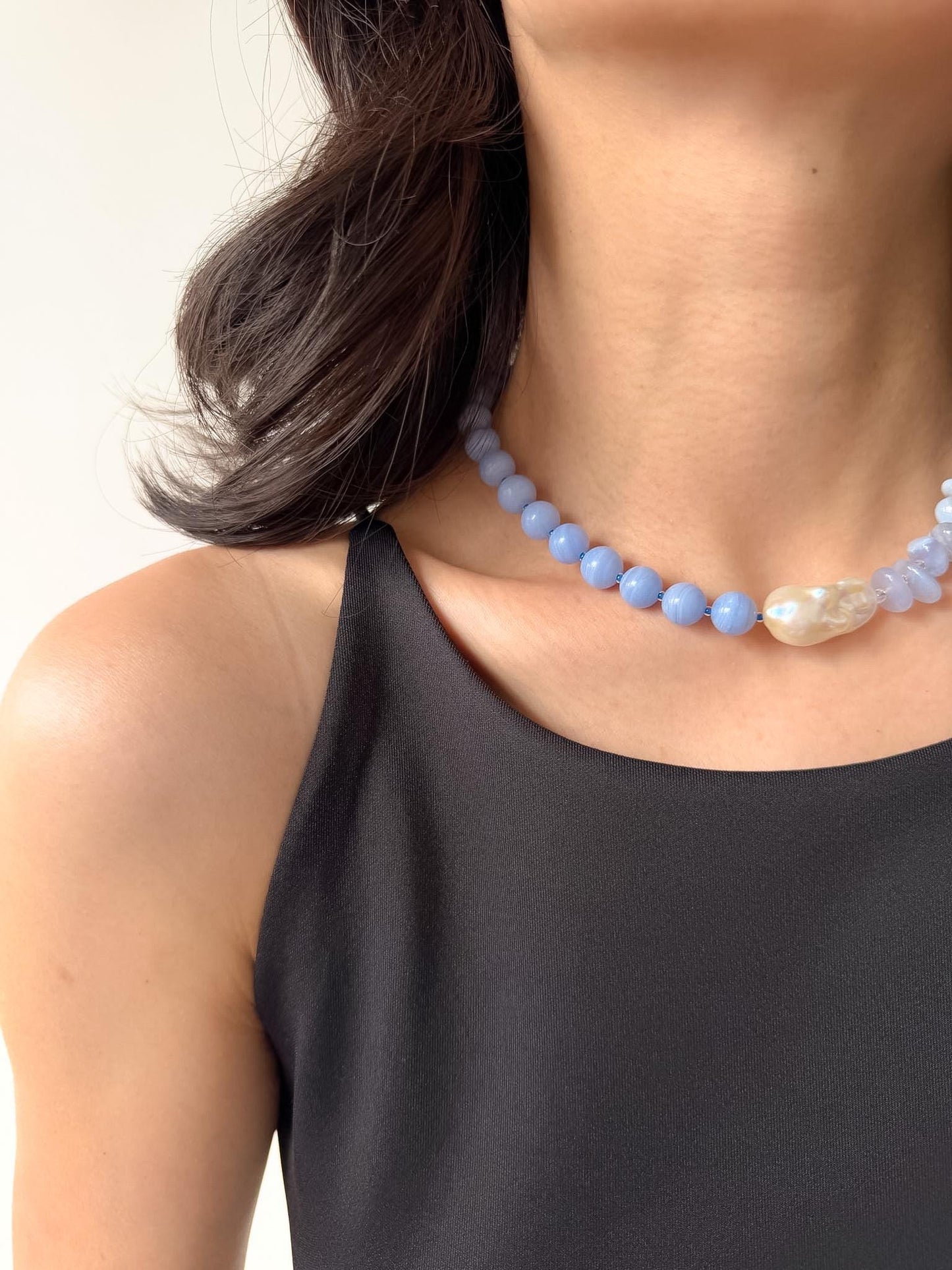 Additional view of blue lace agate baroque pearl necklace by Le Jardin Perles