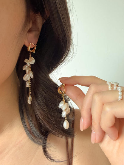 Additional view of asymmetrical baroque keshi pearl tassel earrings by Le Jardin Perles