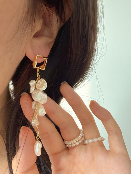 Additional view of asymmetrical baroque keshi pearl tassel earrings by Le Jardin Perles