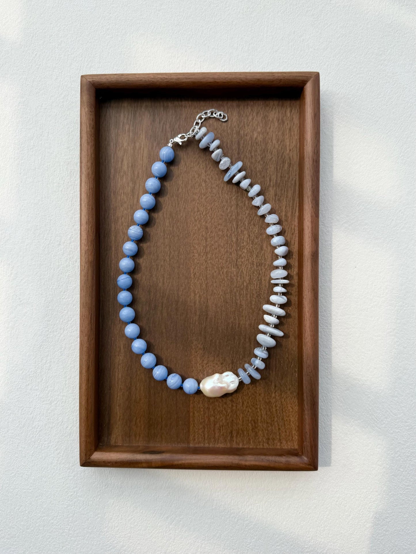 Additional view of blue lace agate baroque pearl necklace by Le Jardin Perles