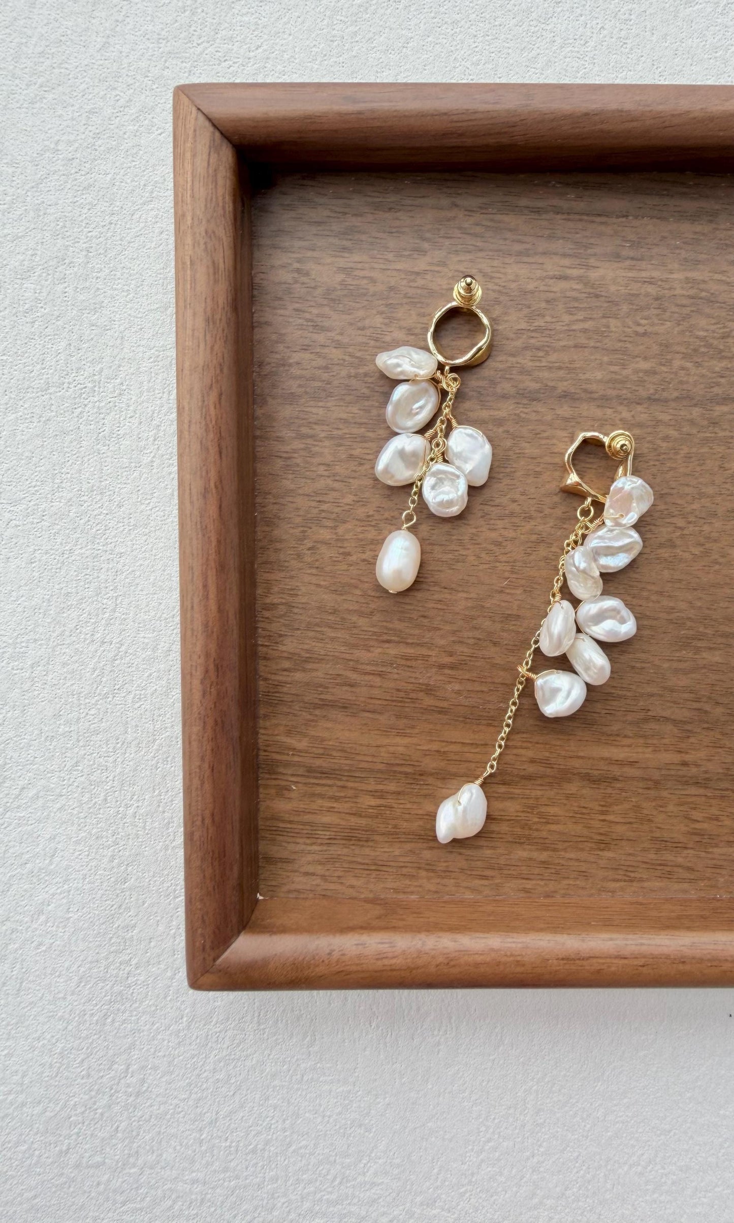 Additional view of asymmetrical baroque keshi pearl tassel earrings by Le Jardin Perles