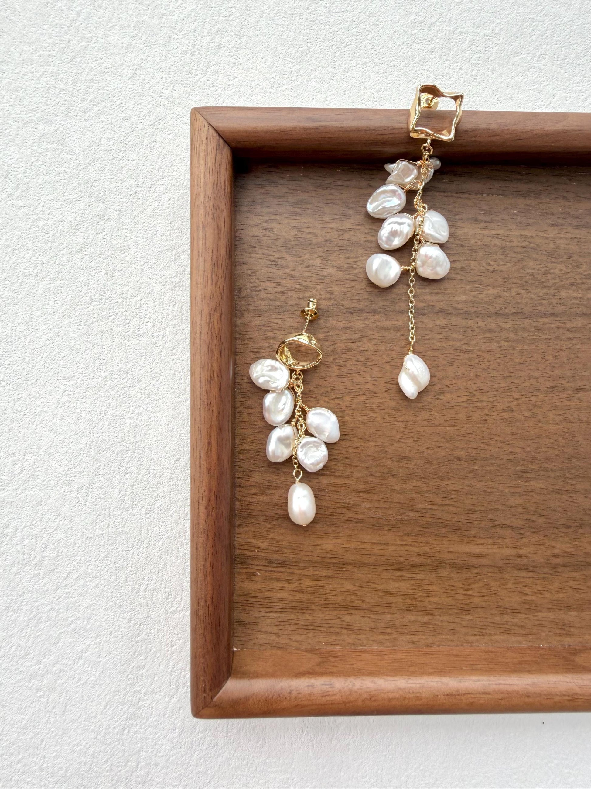 Additional view of asymmetrical baroque keshi pearl tassel earrings by Le Jardin Perles
