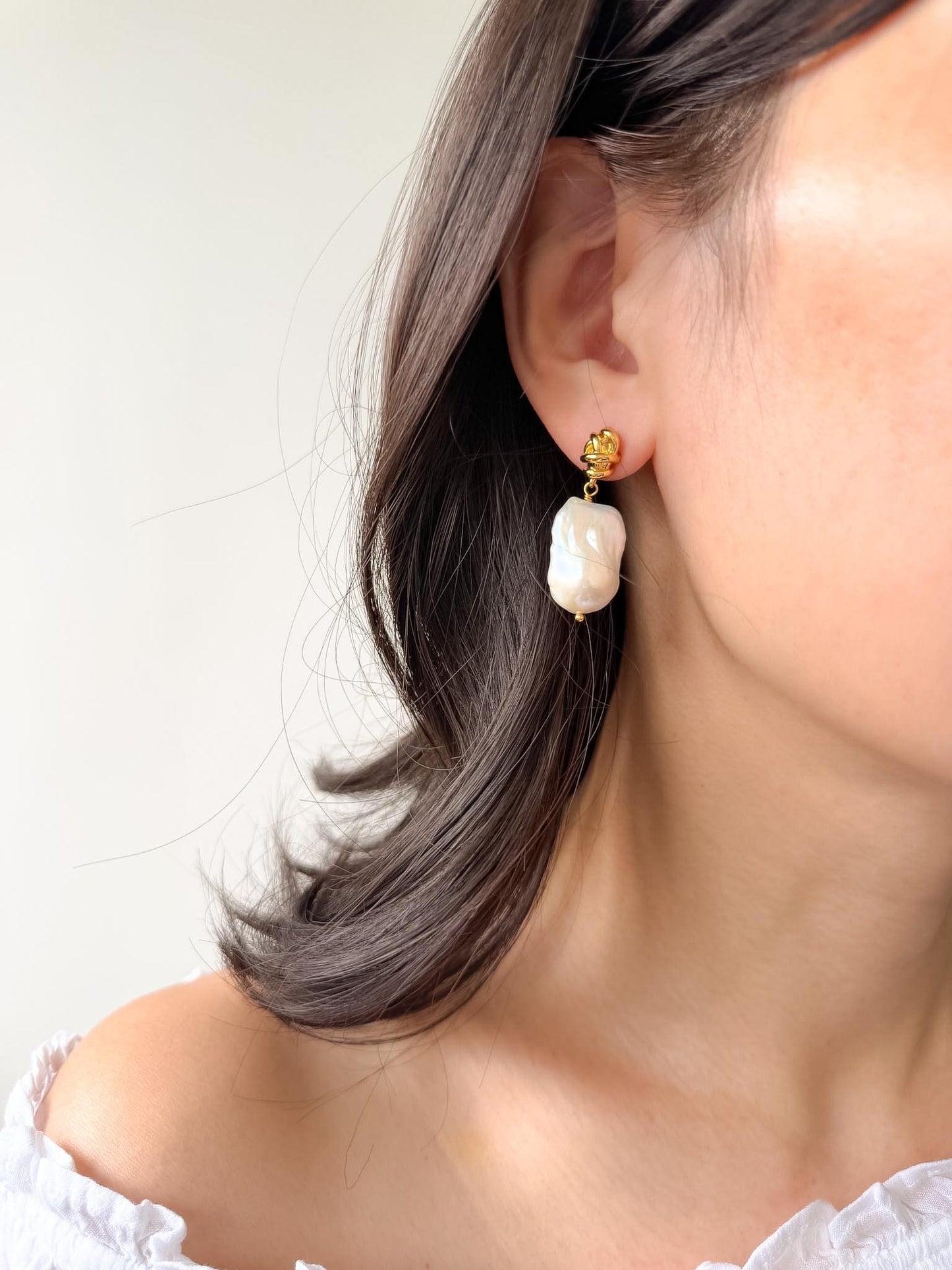 Additional view of large baroque pearl drop earrings by Le Jardin Perles