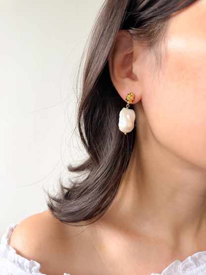 Additional view of large baroque pearl drop earrings by Le Jardin Perles