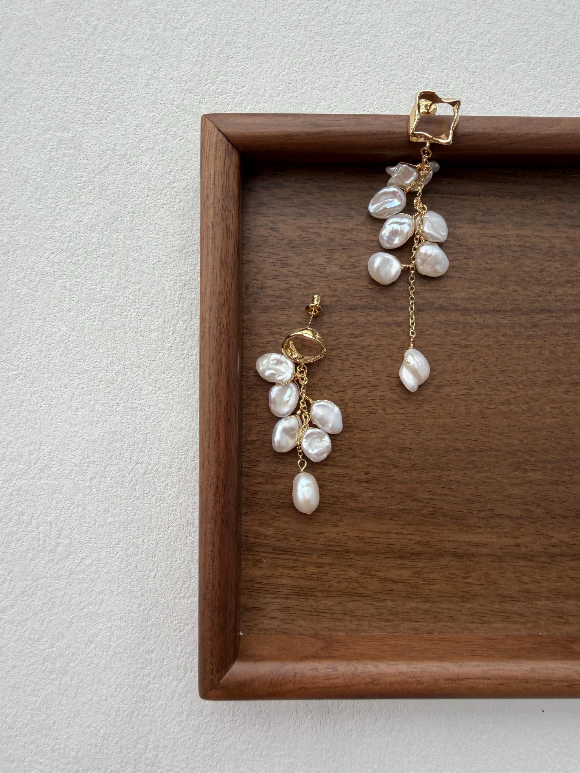 Asymmetrical Baroque Keshi Pearl Tassel Earrings by Le Jardin Perles