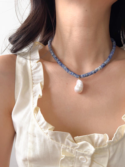 Ocean Blue Stone Baroque Pearl Pendant Necklace by Le Jardin Perles