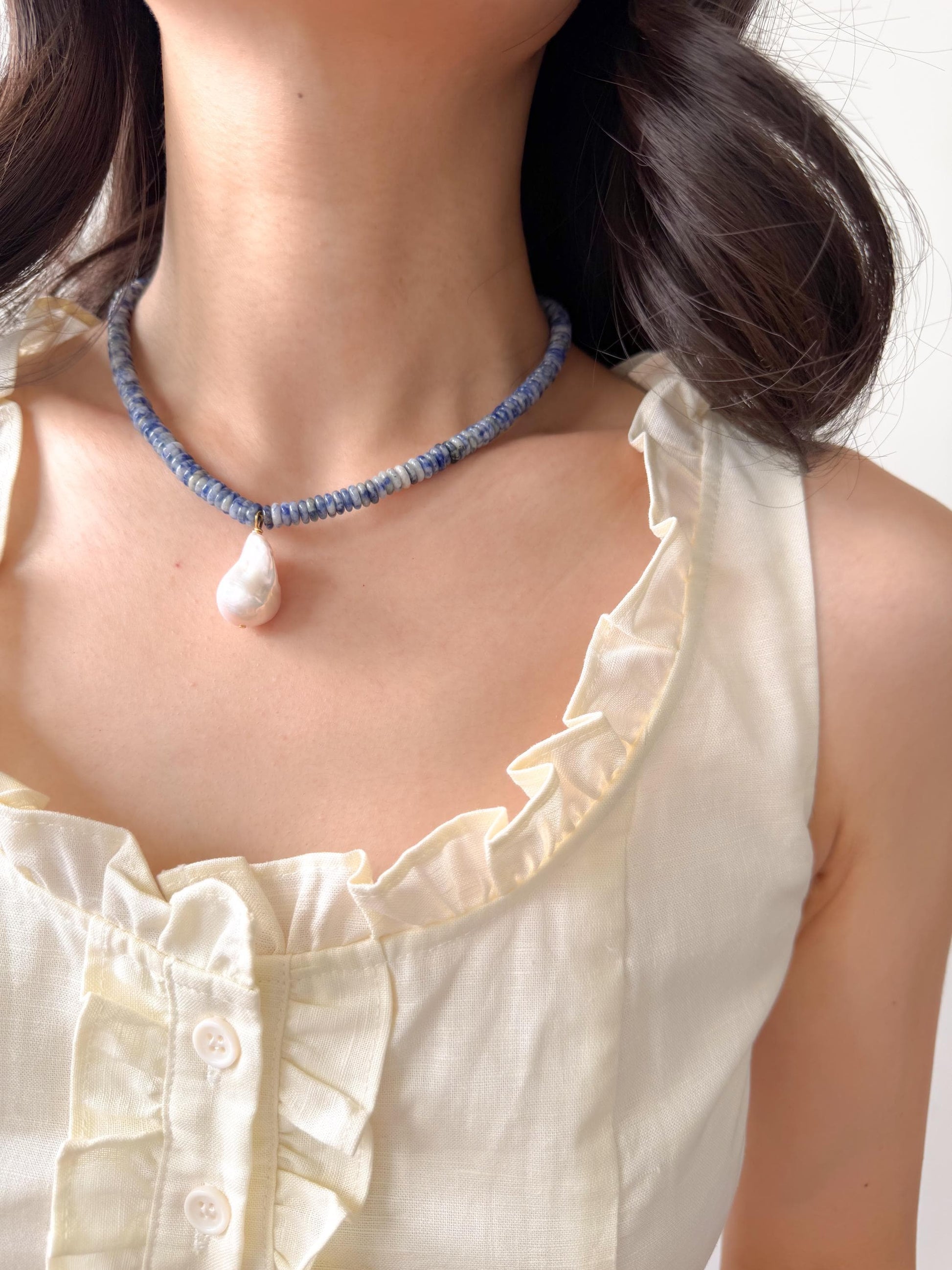 Additional view of ocean blue stone baroque pearl pendant necklace by Le Jardin Perles