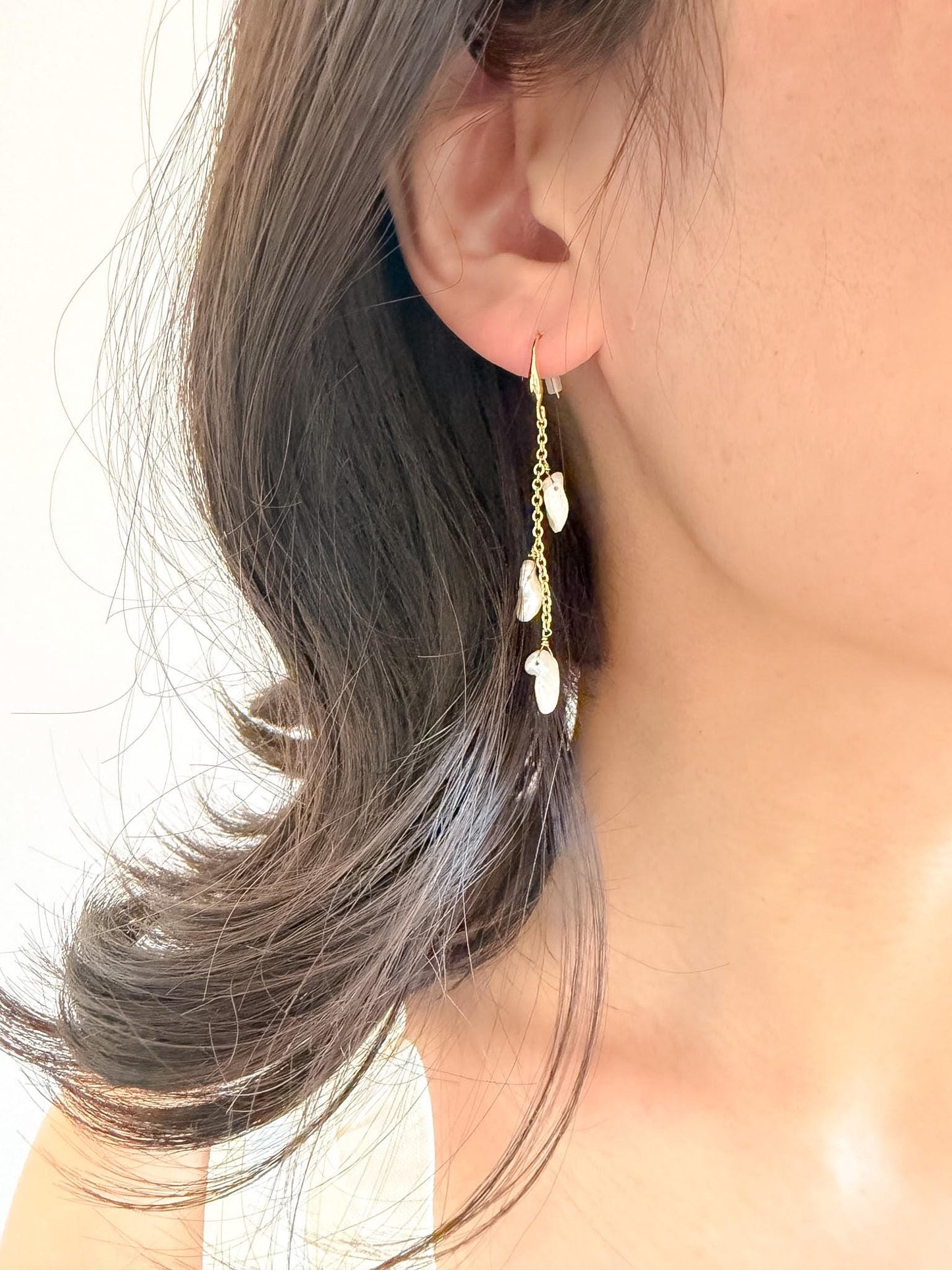Additional view of petal pearl dangle earrings by Le Jardin Perles