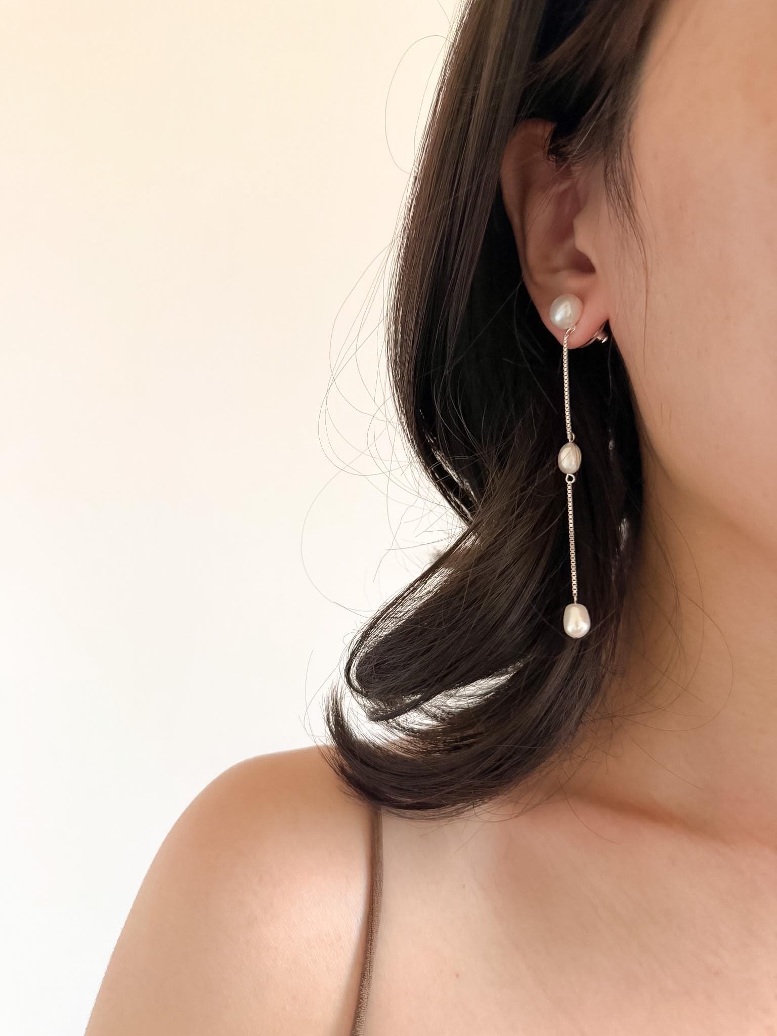 Additional view of french minimalist pearl drop earrings by Le Jardin Perles