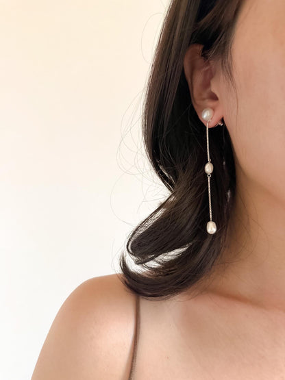 Additional view of french minimalist pearl drop earrings by Le Jardin Perles