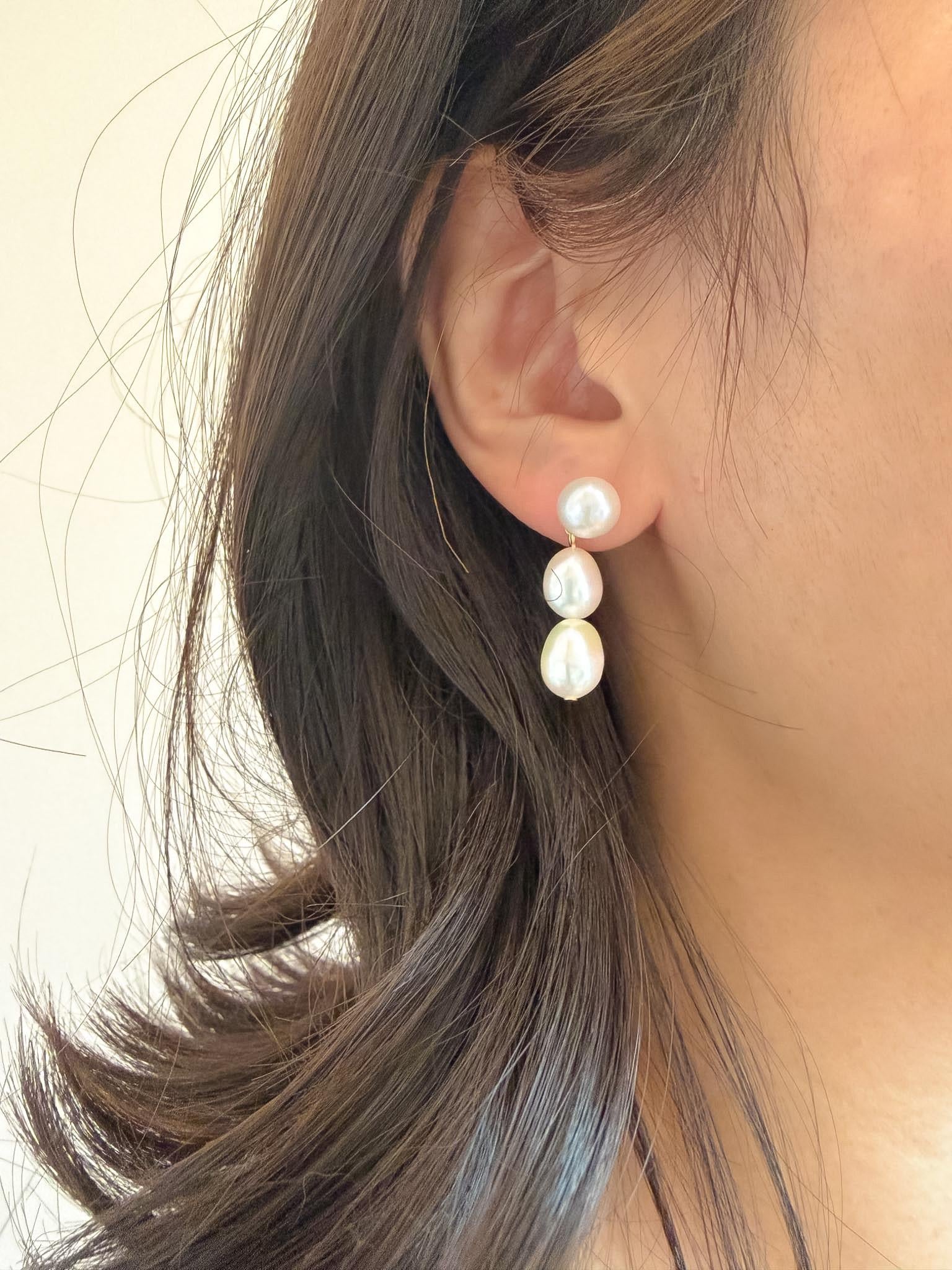 Additional view of triple freshwater pearl drop earrings by Le Jardin Perles